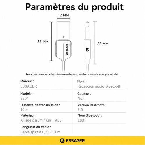 Récepteur audio Bluetooth 5.0 pour voiture avec microphone intégré, jack 3,5 mm et USB, E801
