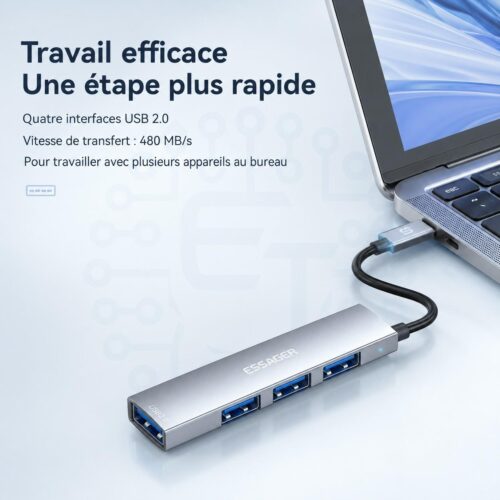 Hub USB C 4 en 1 à 4 ports USB 2.0 480 MB/s