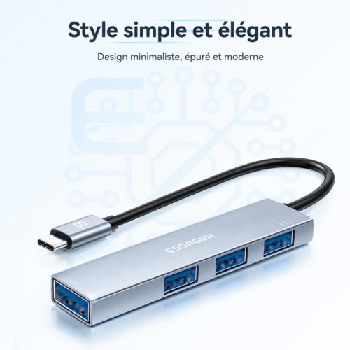 Hub USB C 4 en 1 à 4 ports USB 2.0 480 MB/s
