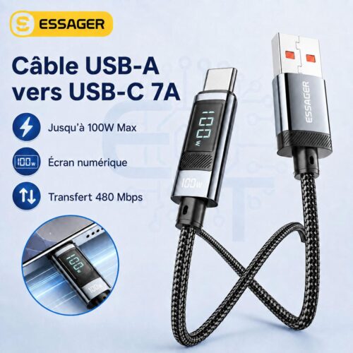 Câble USB A vers USB C 7A jusqu’à 100W avec écran numérique et transfert 480 Mbps