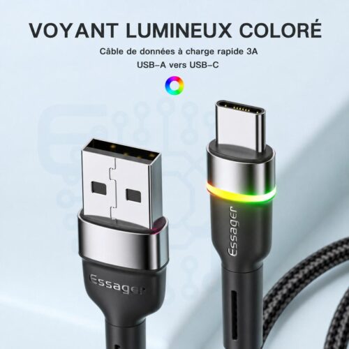Câble USB A vers USB C 3A avec voyant RGB et transfert 480 Mbps