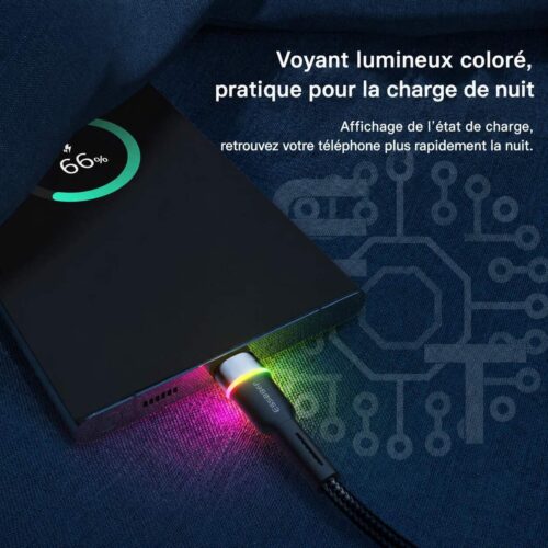 Câble USB A vers USB C 3A avec voyant RGB et transfert 480 Mbps