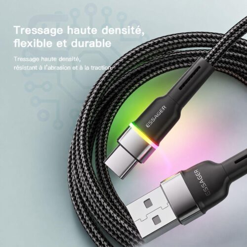 Câble USB A vers USB C 3A avec voyant RGB et transfert 480 Mbps