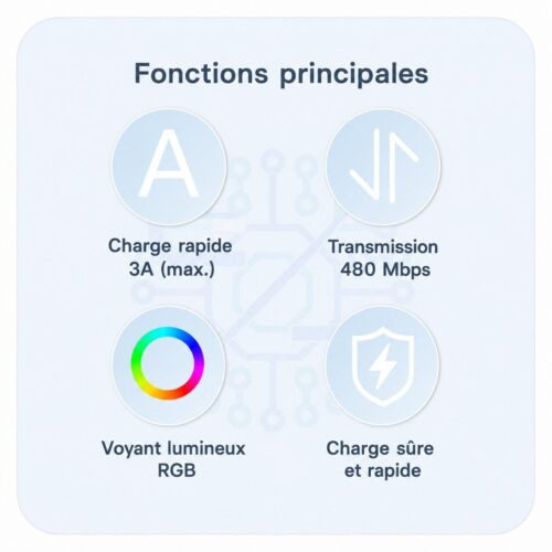 Câble USB A vers USB C 3A avec voyant RGB et transfert 480 Mbps