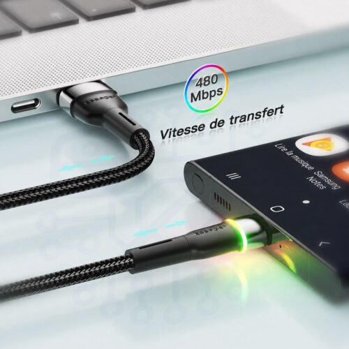 Câble USB A vers USB C 3A avec voyant RGB et transfert 480 Mbps
