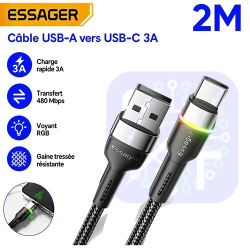 Câble USB A vers USB C 3A avec voyant RGB et transfert 480 Mbps