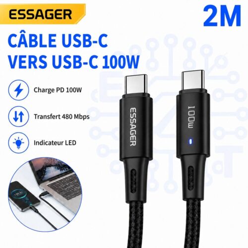 Câble USB C vers USB C 100W 5A 2M – Charge Rapide PD, LED et Transfert 480 Mbps