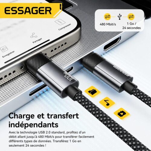 Câble USB C vers USB C 2 en 1 avec massage cervical, charge rapide PD 100W 5A, 1,5 m