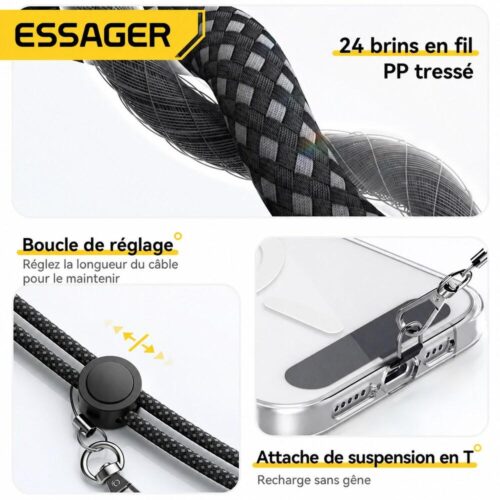 Câble USB C vers USB C 2 en 1 avec massage cervical, charge rapide PD 100W 5A, 1,5 m