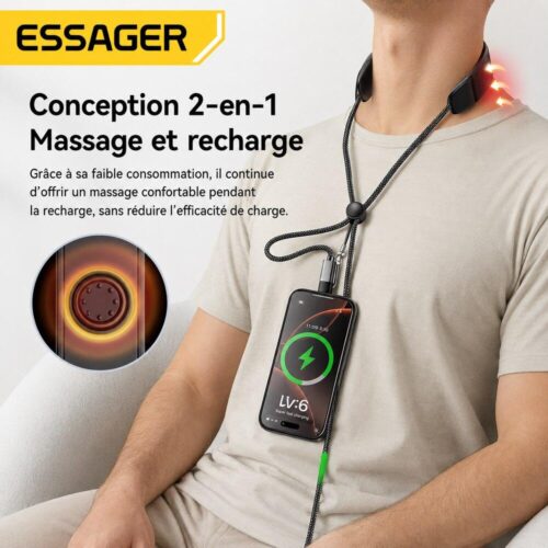 Câble USB C vers USB C 2 en 1 avec massage cervical, charge rapide PD 100W 5A, 1,5 m