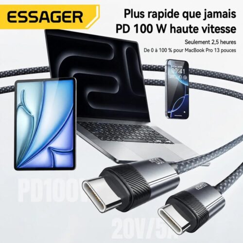 Câble USB C vers USB C 2 en 1 avec massage cervical, charge rapide PD 100W 5A, 1,5 m