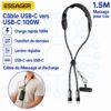 Câble USB C vers USB C 2 en 1 avec massage cervical, charge rapide PD 100W 5A, 1,5 m