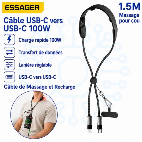 Câble USB C vers USB C 2 en 1 avec massage cervical, charge rapide PD 100W 5A, 1,5 m