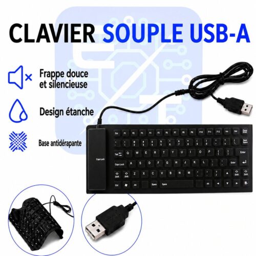 Clavier souple filaire USB-A silencieux et étanche 34,5X13,1 cm Câble 138 cm