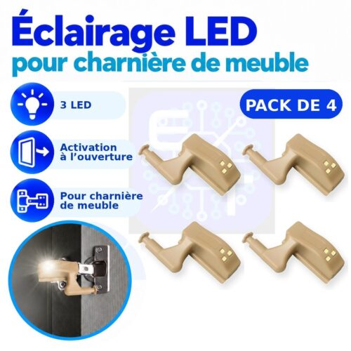 4 Éclairages LED automatique pour charnière de meuble, 3 LED, pile A23 12V