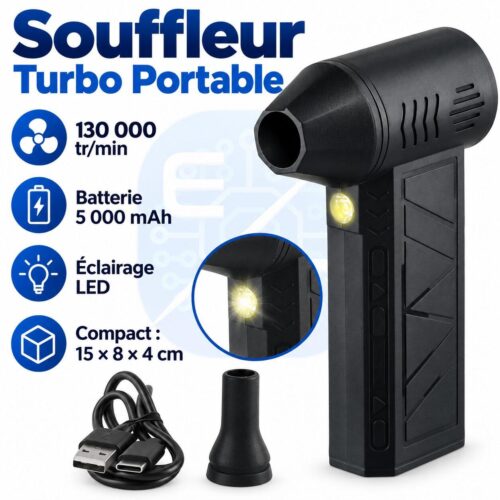 Souffleur turbo portable rechargeable 130 000 tr/min, batterie 5 000 mAh avec LED et embout