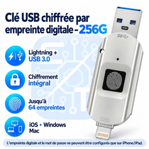 Clé USB chiffrée par empreinte digitale 256G avec Lightning et USB 3.0 pour iPhone, iPad, PC et Mac