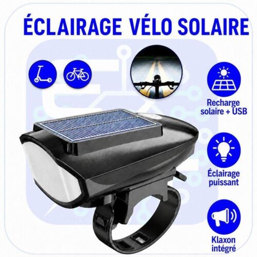 Phare solaire rechargeable pour vélo et trottinette avec klaxon intégré – Recharge solaire et USB – Éclairage puissant
