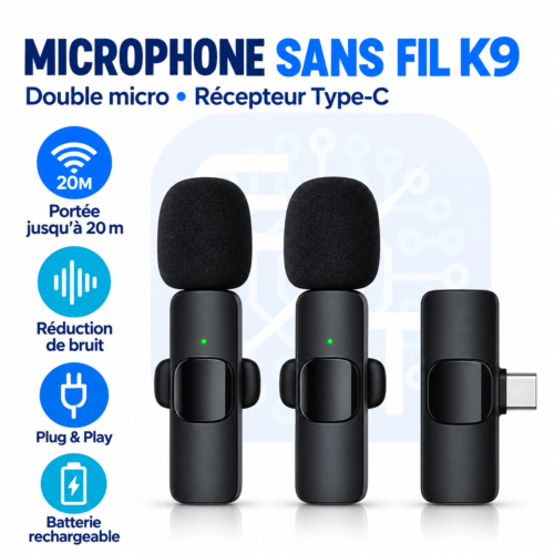 Microphone sans fil K 9 double micro avec récepteur Type-C, réduction de bruit et portée jusqu’à 20 m