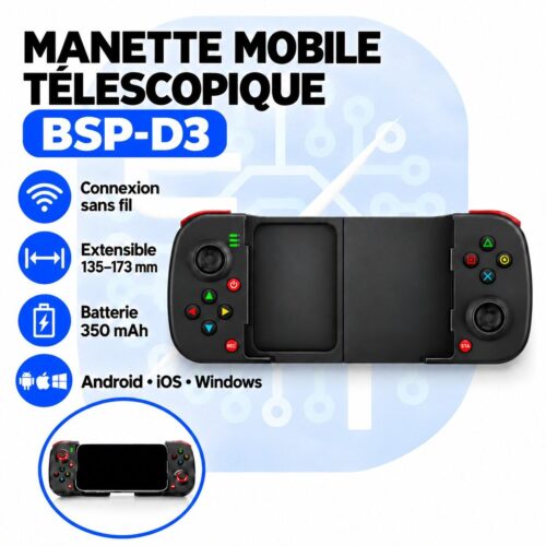 Manette mobile télescopique sans fil BSP-D3 pour Android et iOS, batterie 350 mAh, noire