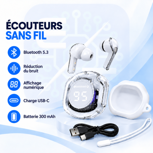 Écouteurs sans fil Bluetooth 5.3 avec boîtier à affichage numérique