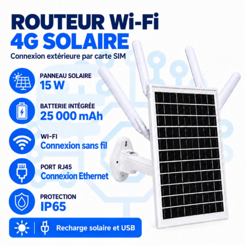 Routeur Wi-Fi 4G solaire extérieur à carte SIM – Batterie 25 000 mAh, panneau 15 W, port RJ45 et protection IP65