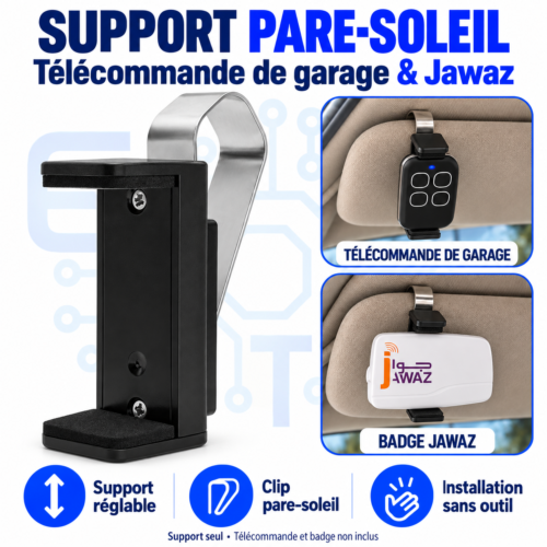 Support pare-soleil réglable pour télécommande de garage et badge de télépéage JAWAZ – Clip métallique