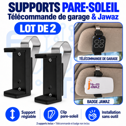 Lot de 2 supports pare-soleil réglables pour télécommande de garage et badge de JAWAZ – Clip métallique