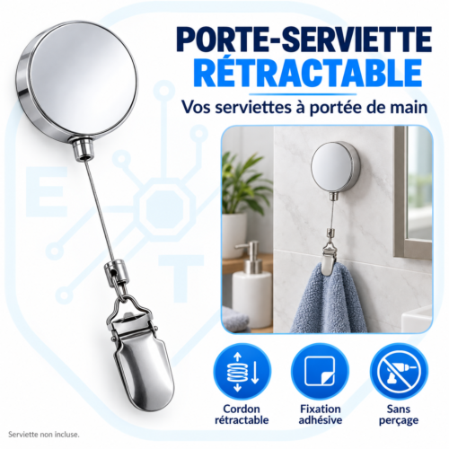 Porte-serviette rétractable adhésif avec pince – Fixation sans perçage pour cuisine et salle de bain, argenté