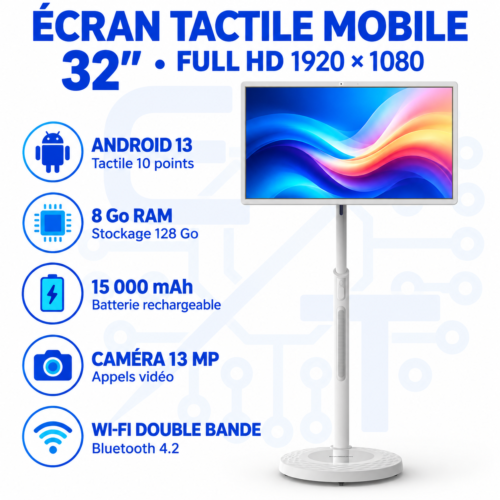 Écran tactile mobile 32 pouces Full HD sur pied Android 13 8 Go RAM 128 Go avec batterie rechargeable