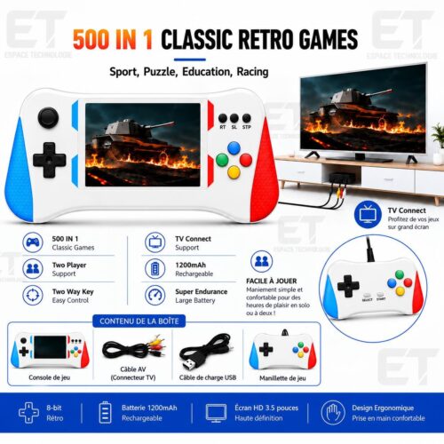 Console de jeux rétro portable 500 en 1 avec écran couleur, manette et connexion TV – Blanc