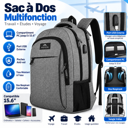 Sac à Dos Multifonction pour PC Portable 15,6” – Port USB, Anti-vol, Résistant à l’Eau, Voyage & Travail