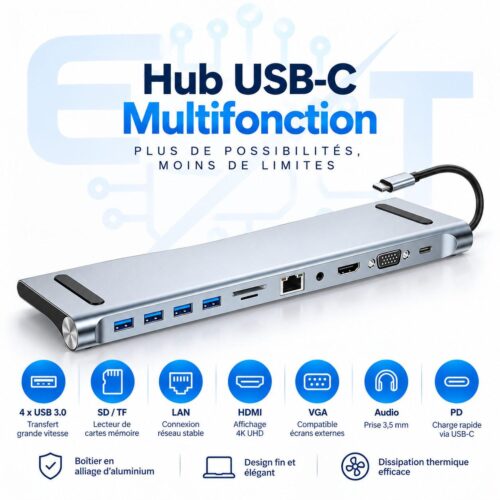 Hub USB-C Multifonction 11 en 1 avec Support pour Ordinateur Portable – USB 3.0 x4, HDMI, VGA, LAN, SD/TF, Audio et PD