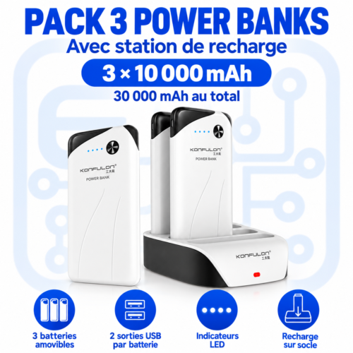 Pack de 3 Power Banks – Capacité totale 30 000 mAh (3 × 10 000 mAh) – Avec station de recharge et double USB