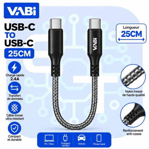 Câble USB-C vers USB-C 25 cm – Charge 2.4A – Câble Tressé Résistant – Transfert de Données – Modèle CA30