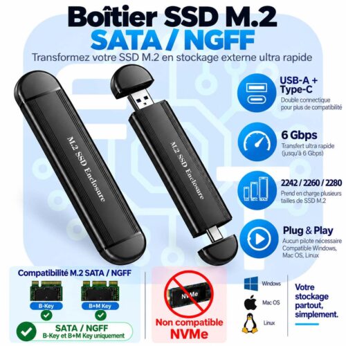 Boîtier SSD M.2 SATA / NGFF USB 3.2 avec USB-A & Type-C – Compatible B-Key et B+M Key – 2242/2260/2280