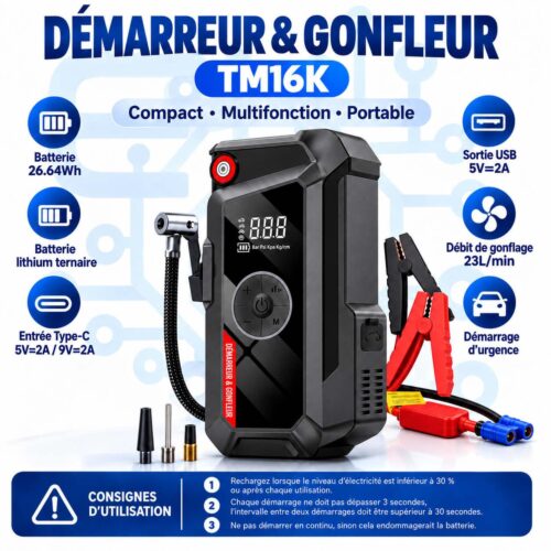 Démarreur de Voiture & Gonfleur Portable TM16K – Batterie 26.64Wh – Gonflage 23 L/min – USB & Type-C – Multifonction