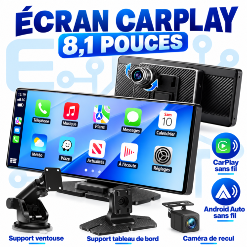 Écran voiture 8,1 pouces 2,5K avec CarPlay et Android Auto sans fil, caméra de recul et 2 supports