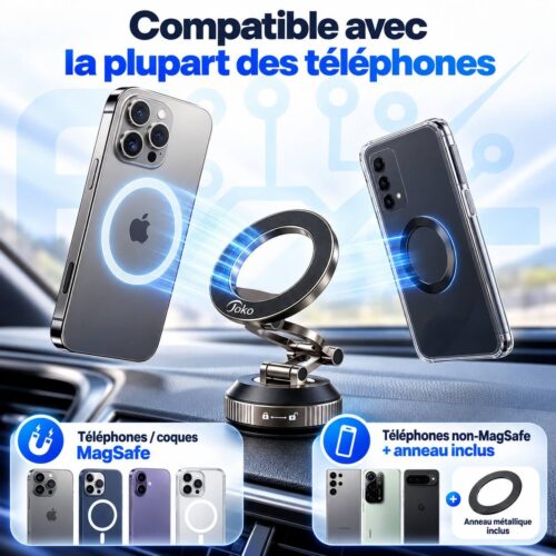 Support Téléphone Magnétique à Ventouse – Pliable et Rotatif – Fixation Magnétique – Pour Voiture, Bureau et Maison