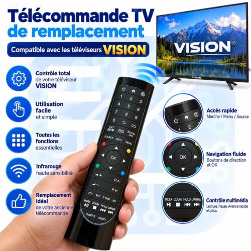 Télécommande de Remplacement pour Téléviseur VISION – Contrôle Infrarouge – Touches Multimédia et Navigation