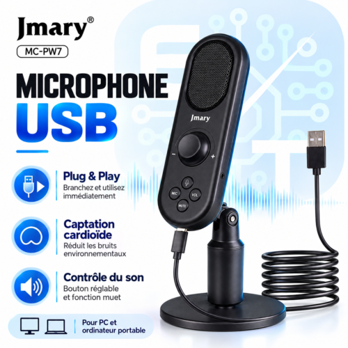 Microphone USB de bureau MC-PW7 avec base orientable, contrôle du volume et fonction muet