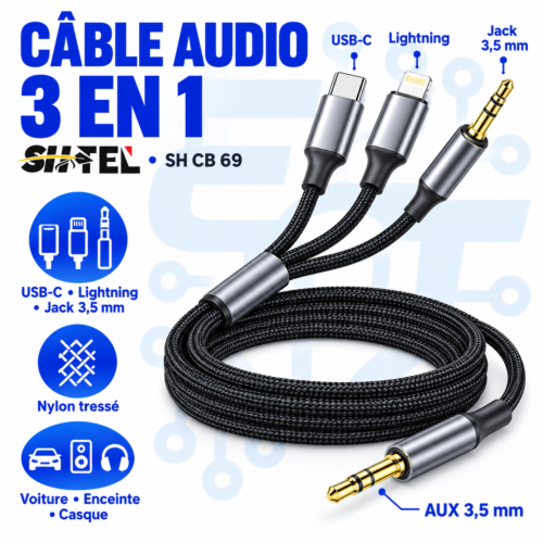 Câble audio AUX 3 en 1 USB-C, Lightning et Jack 3,5 mm – Nylon tressé – SH CB 69
